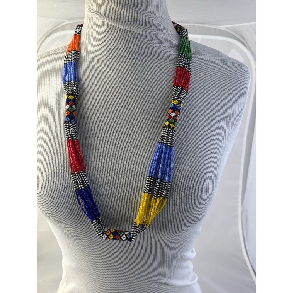 Maasi Tribal Necklace Vibrant Seed Beads 31” Handcrafted Multi-strands & Colors